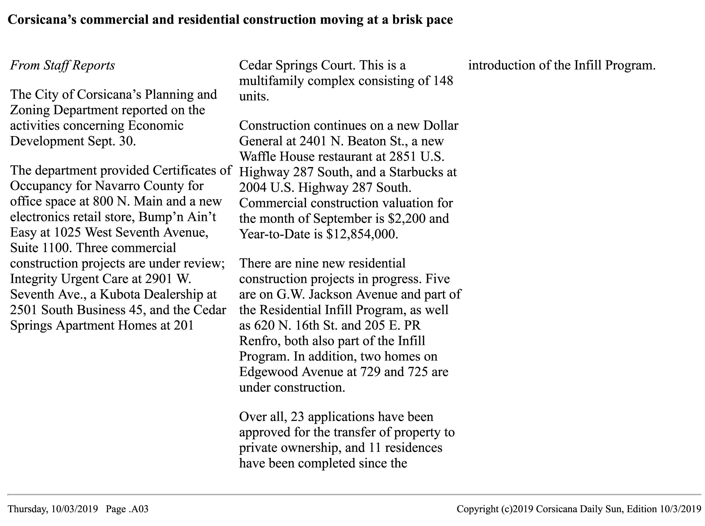 20191003 Corsicana’s Commercial and Residential Construction Moving at Brisk Pace